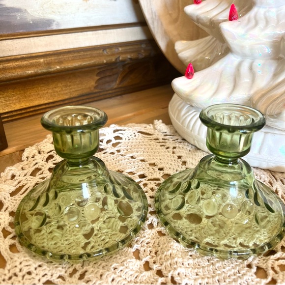 Vintage Set of two green glass candlesticks holder - Picture 5 of 6